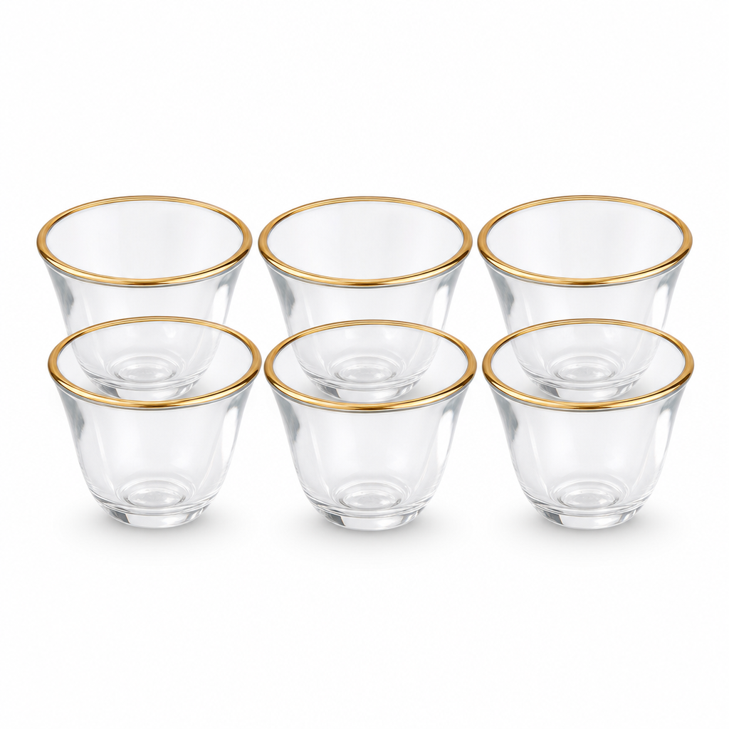 96 Pieces Clear Glass Cawa Cups with Gold-Tone Rims, Rounded Design, 6-Piece Drinkwares Set