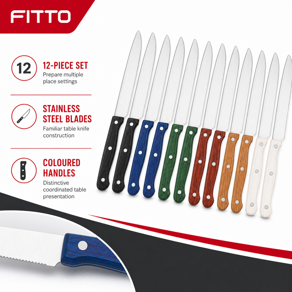 144 Pieces Stainless Steel Table Knife Set with Coloured Handles, 12-Piece