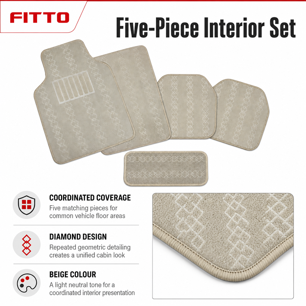 72 Pieces Universal Car Floor Mat Set with Diamond Design, Beige, 5-Piece