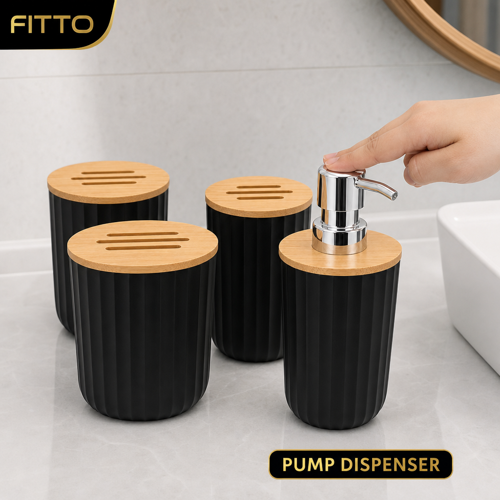 96 Pieces Black PP Bathroom Accessory Set with Bamboo Lids and Soap Dispenser