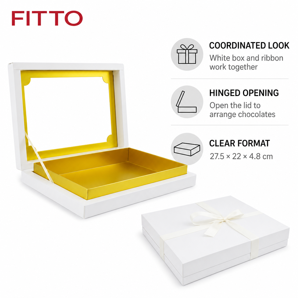 96 Pieces Chocolate Box With Ribbon, White Rectangular Presentation Box, 27.5 × 22 × 4.8 cm, 1 Piece