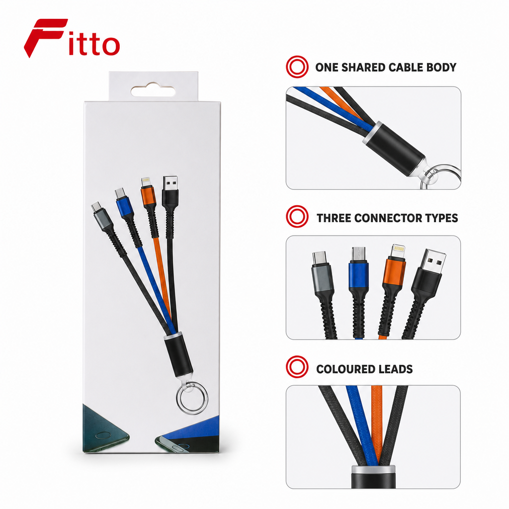 144 Pieces 3-in-1 USB Charging Cable with Micro-USB, USB-C and Three Connector Types