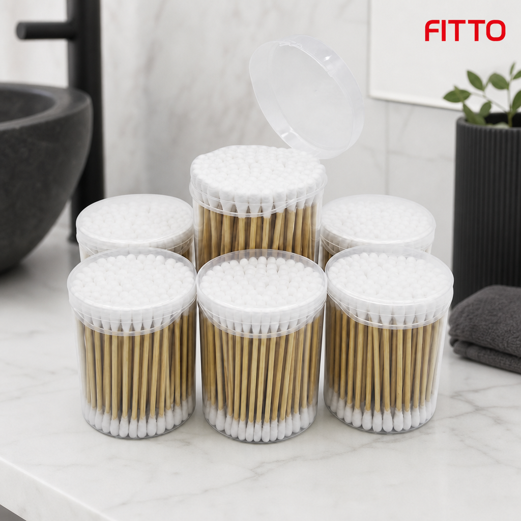 120 Pieces Cotton Buds, Bamboo Sticks with White Cotton Tips in Plastic Cans, 100 Pieces per Can, 6-Pack