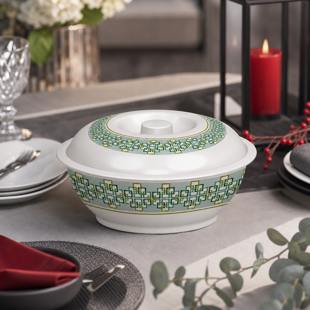 96 Pieces Lidded Serving Bowl, 10 Inch, White and Green Geometric Pattern