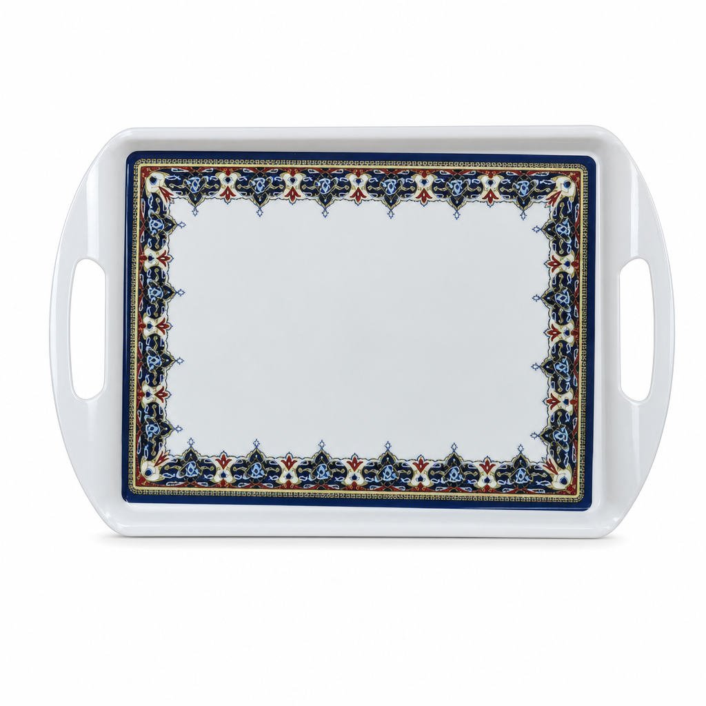 96 Pieces Melamine Rectangular Serving Trays with Handles, White, 15 Inch, Decorative Border