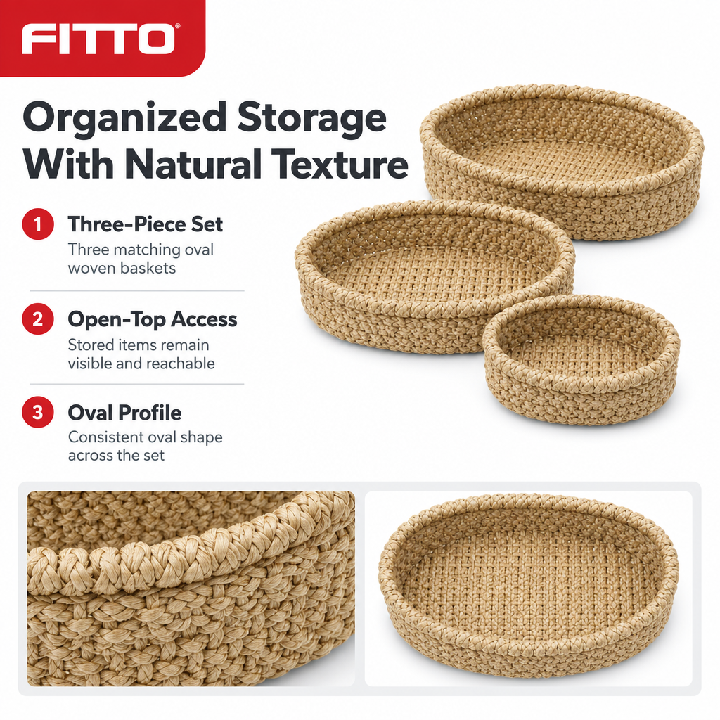 48 Pieces Oval Woven Basket Set, Natural, 3 Piece, Home Storage Organizers, 40 x 30 x 18 cm