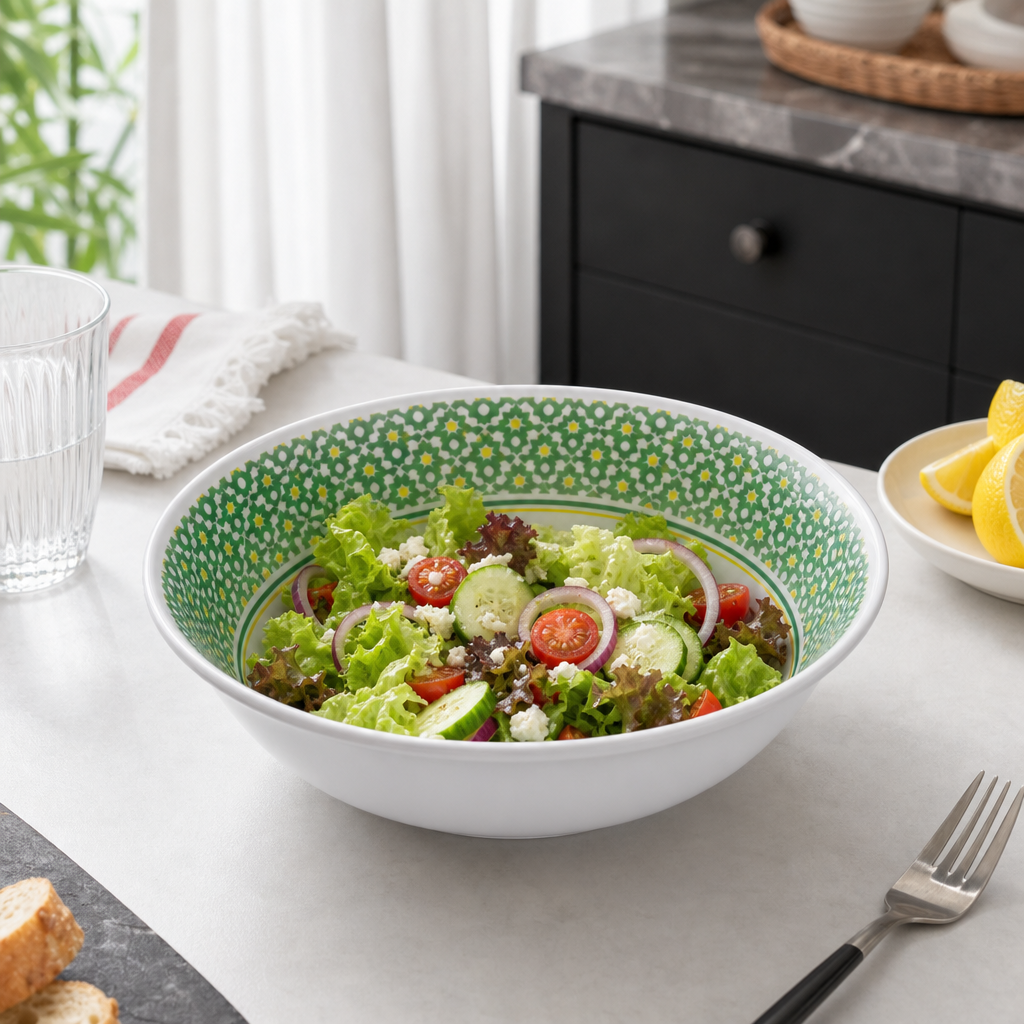 96 Pieces Melamine Salad Bowl, 10 Inch, White with Green and Yellow Pattern