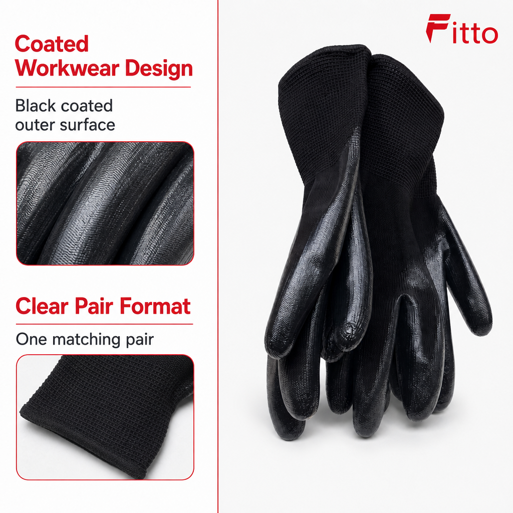 96 Pieces Coated Work Gloveses, 24 cm, Black, 1 Pair