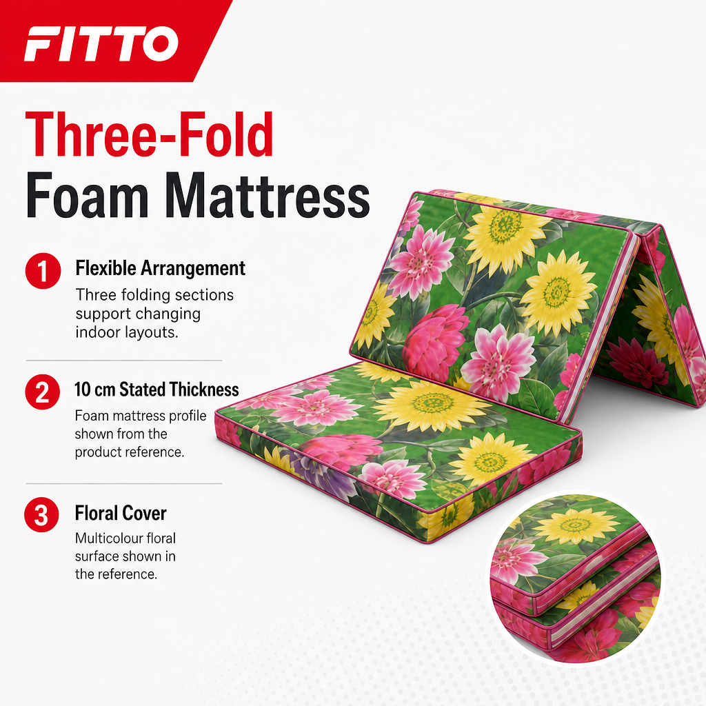 48 Pieces Folding Foam Mattresses, 3-Fold Design, 10 cm Thick, Floral Cover, 90 x 63 x 30 cm
