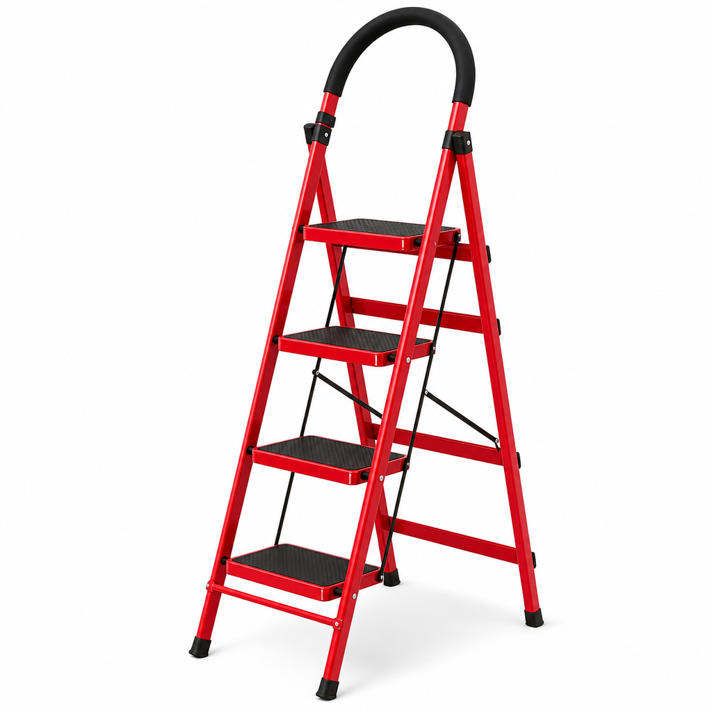 48 Pieces Folding Metal Step Ladder, 4-Step A-Frame Design, Red, 1 Piece, 141 x 44 cm