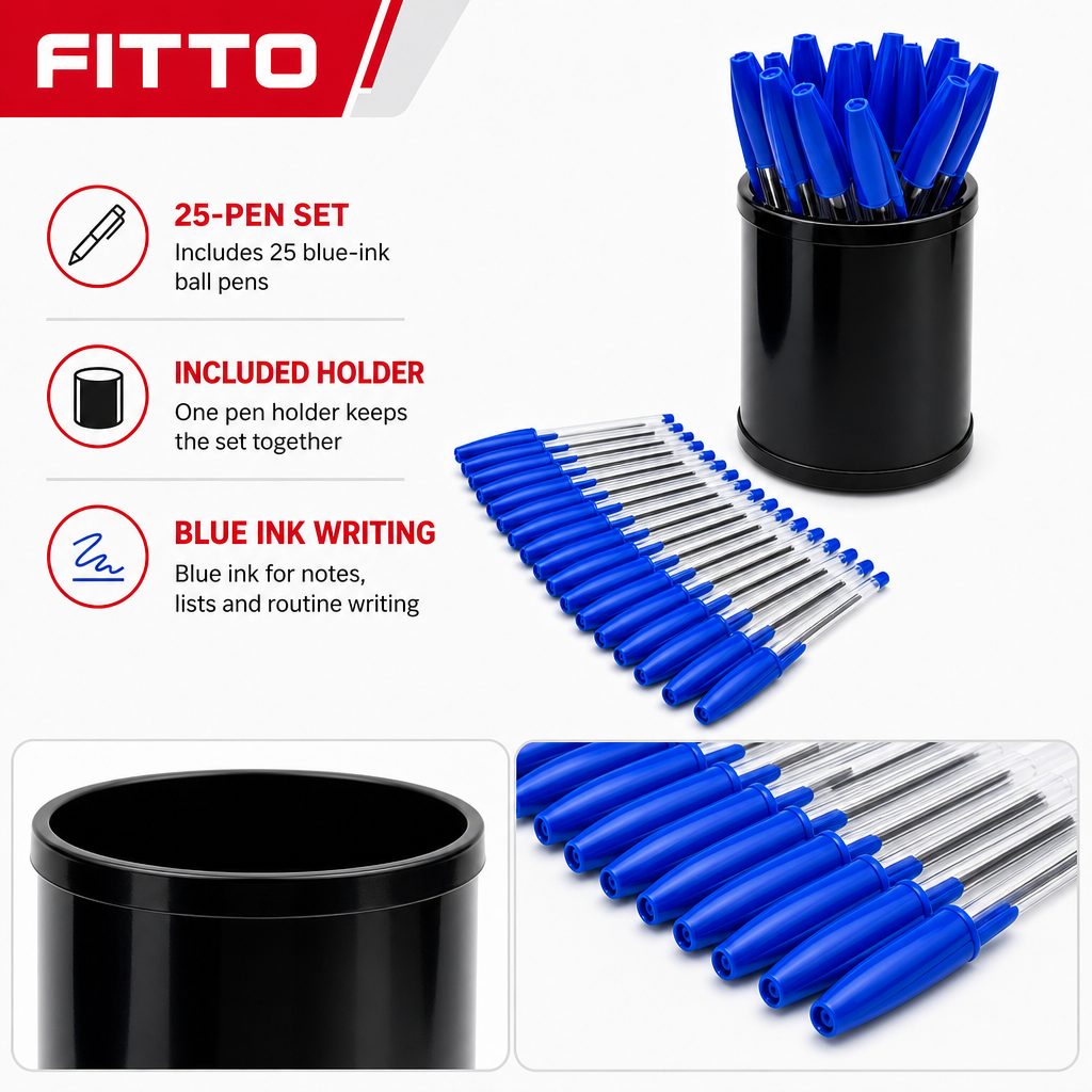 96 Pieces Ball Pens with Pen Holder, Blue Ink, 25 Pack