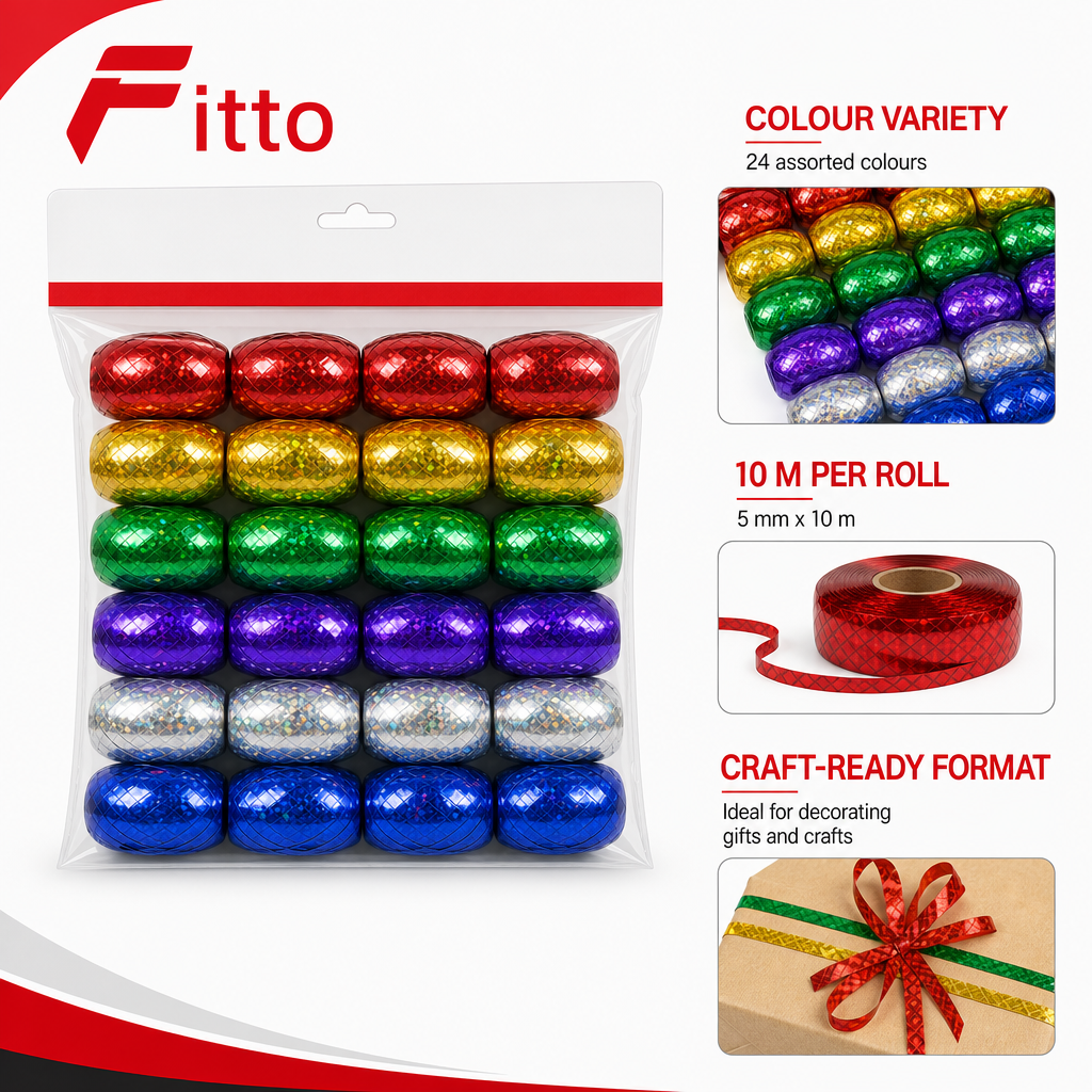 96 Pieces Assorted Colour Laser Ribbon Rolls, 5 mm x 10 m, 24 Rolls for Crafting and Decoration