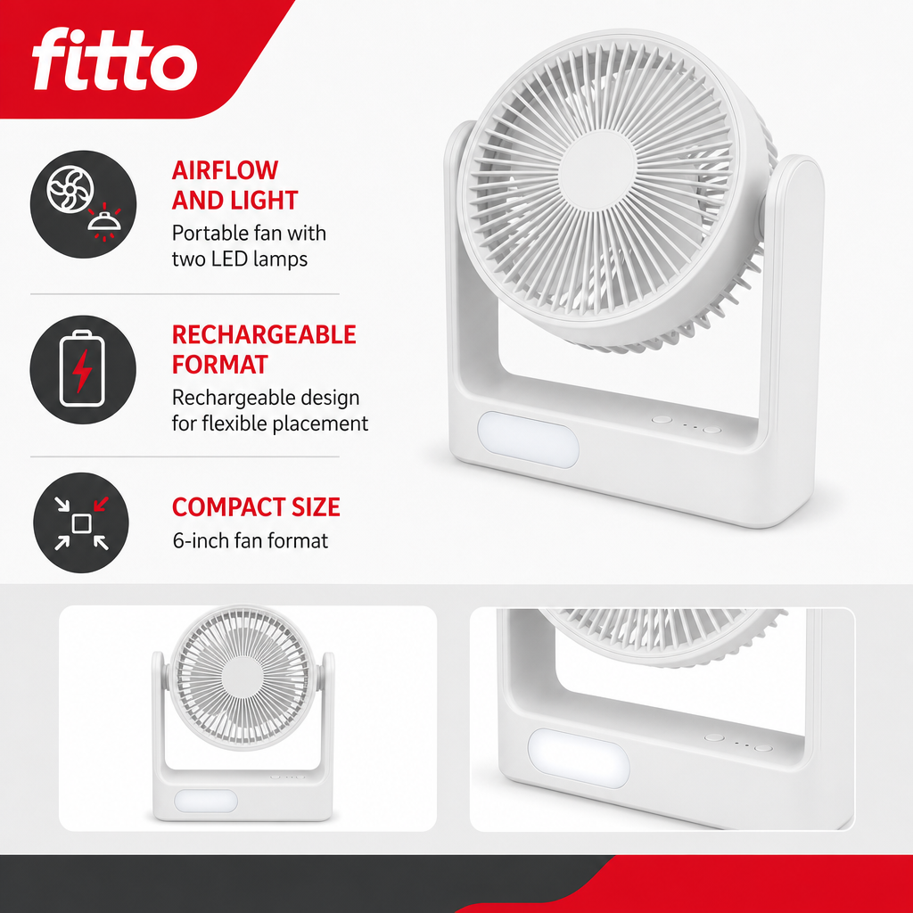 48 Pieces White 4-in-1 Rechargeable 6 in Portable Fans with 2 LED Lamps, 1 Piece