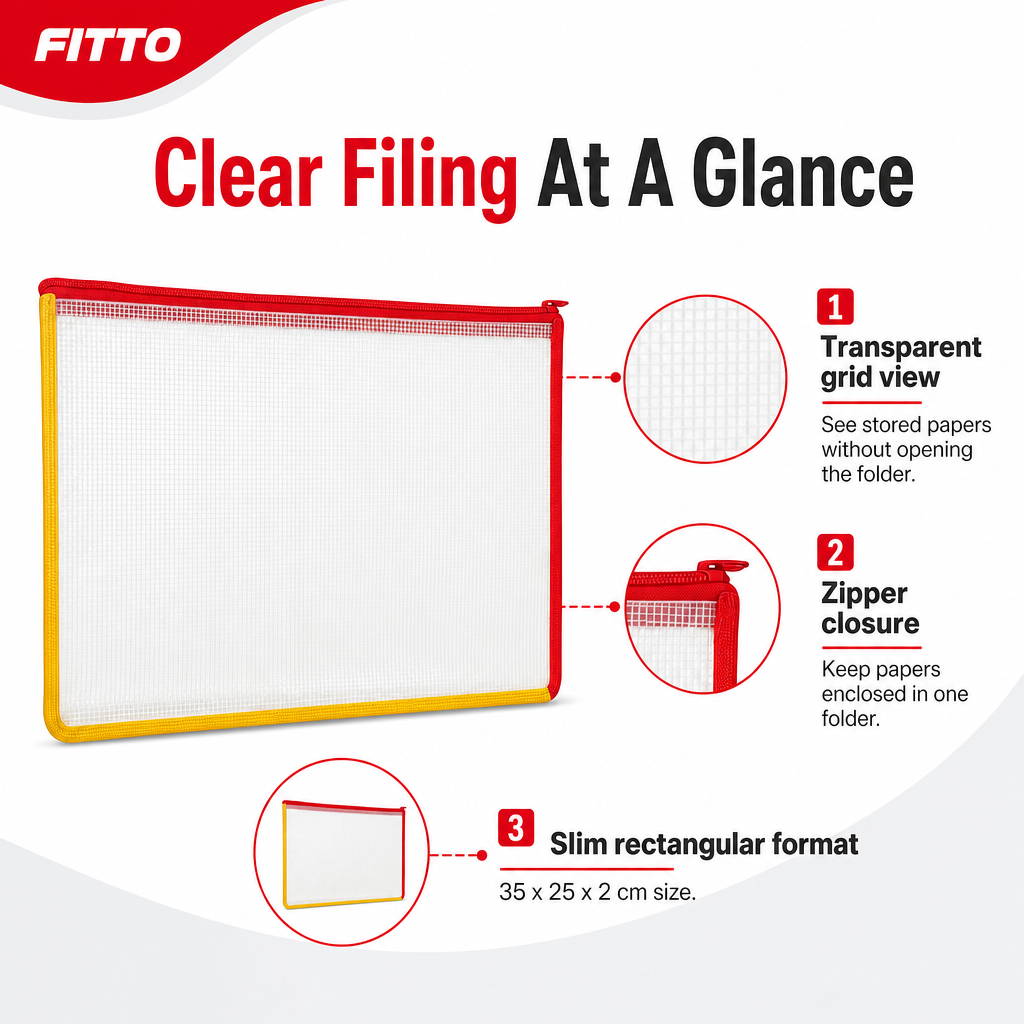 144 Pieces Transparent Grid Zipper Document Folder with Red Trim, 35 x 25 x 2 cm, 1 Piece