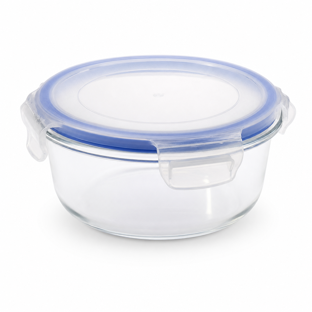 96 Pieces Round Glass Food Storage Containers with Locking PP Lid, 600 ml, Clear Body with Blue Rim
