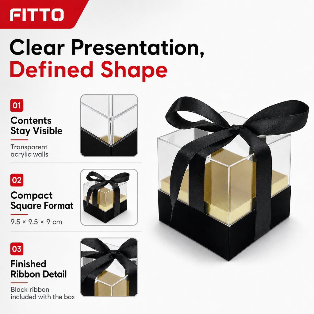 120 Pieces Acrylic Square Box with Ribbon, Black, 9.5 × 9.5 × 9 cm, 1 Piece
