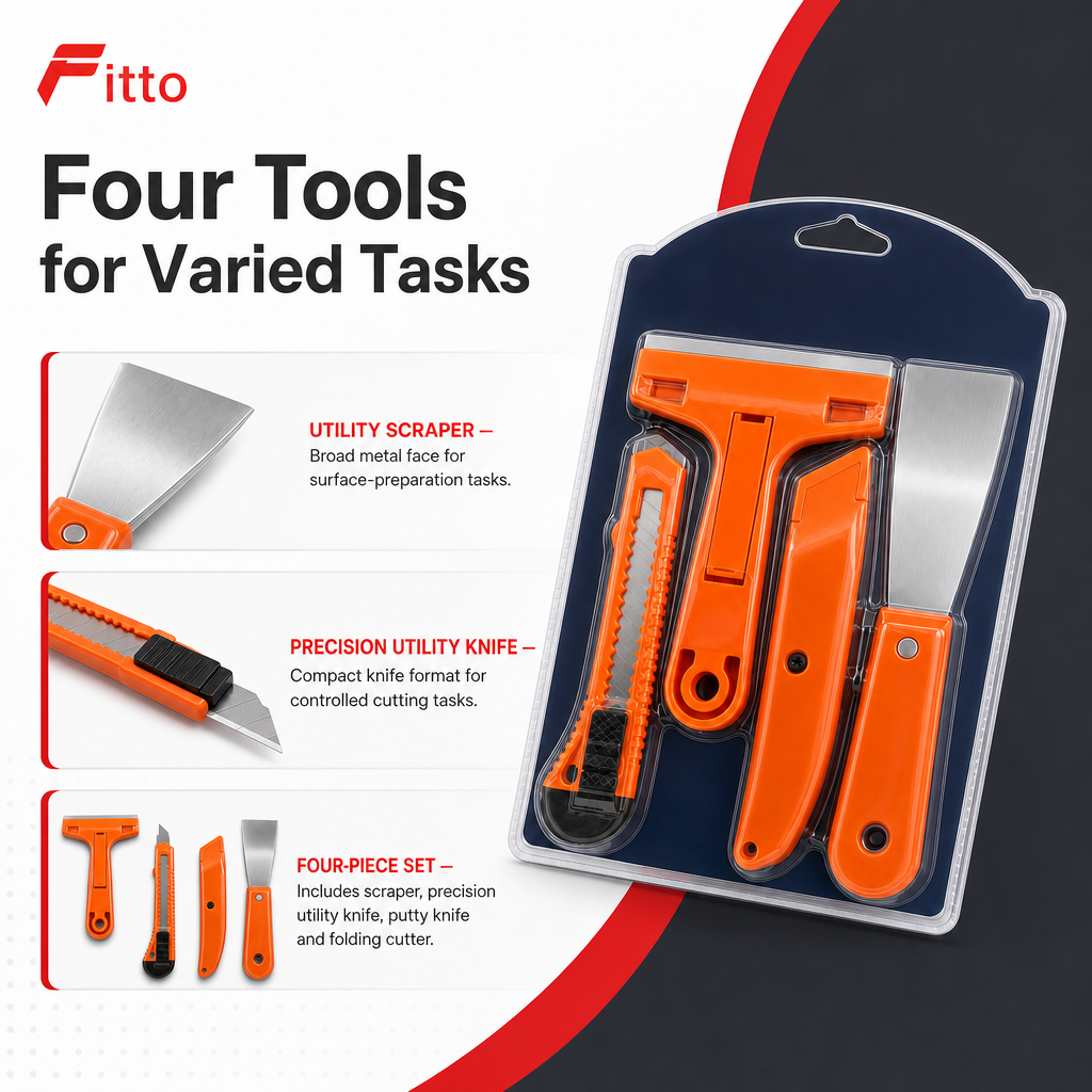 96 Pieces 4-Piece Hand Tool Set with Utility Scraper, Precision Utility Knife, Putty Knife and Folding Cutter, Orange