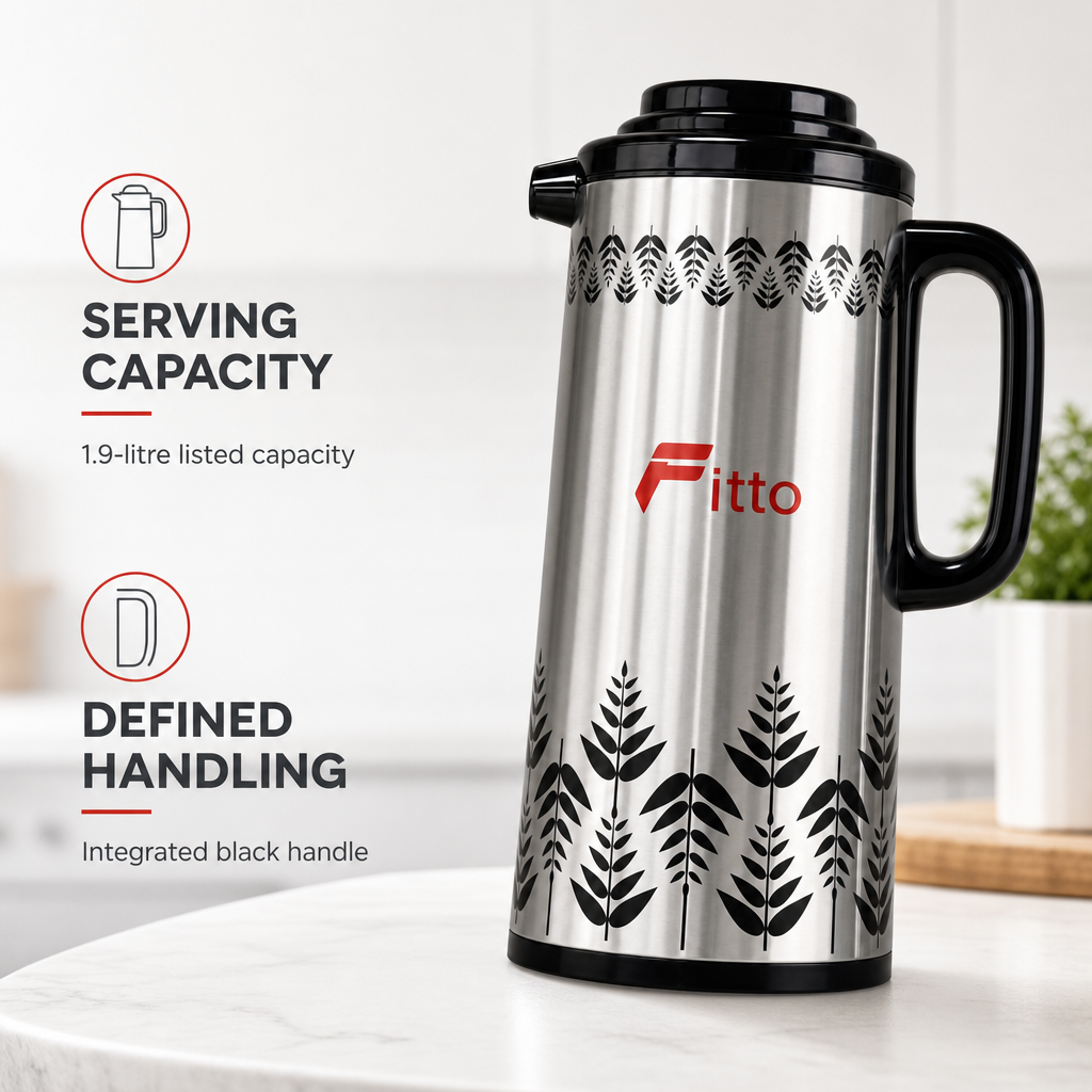 72 Pieces Vacuum Flask with Handle, Silver and Black Leaf Pattern, 1.9 Litre, 1 Piece