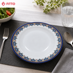 120 Pieces Melamine Soup Plate, 9 Inch, Round White Plate with Blue Floral Border