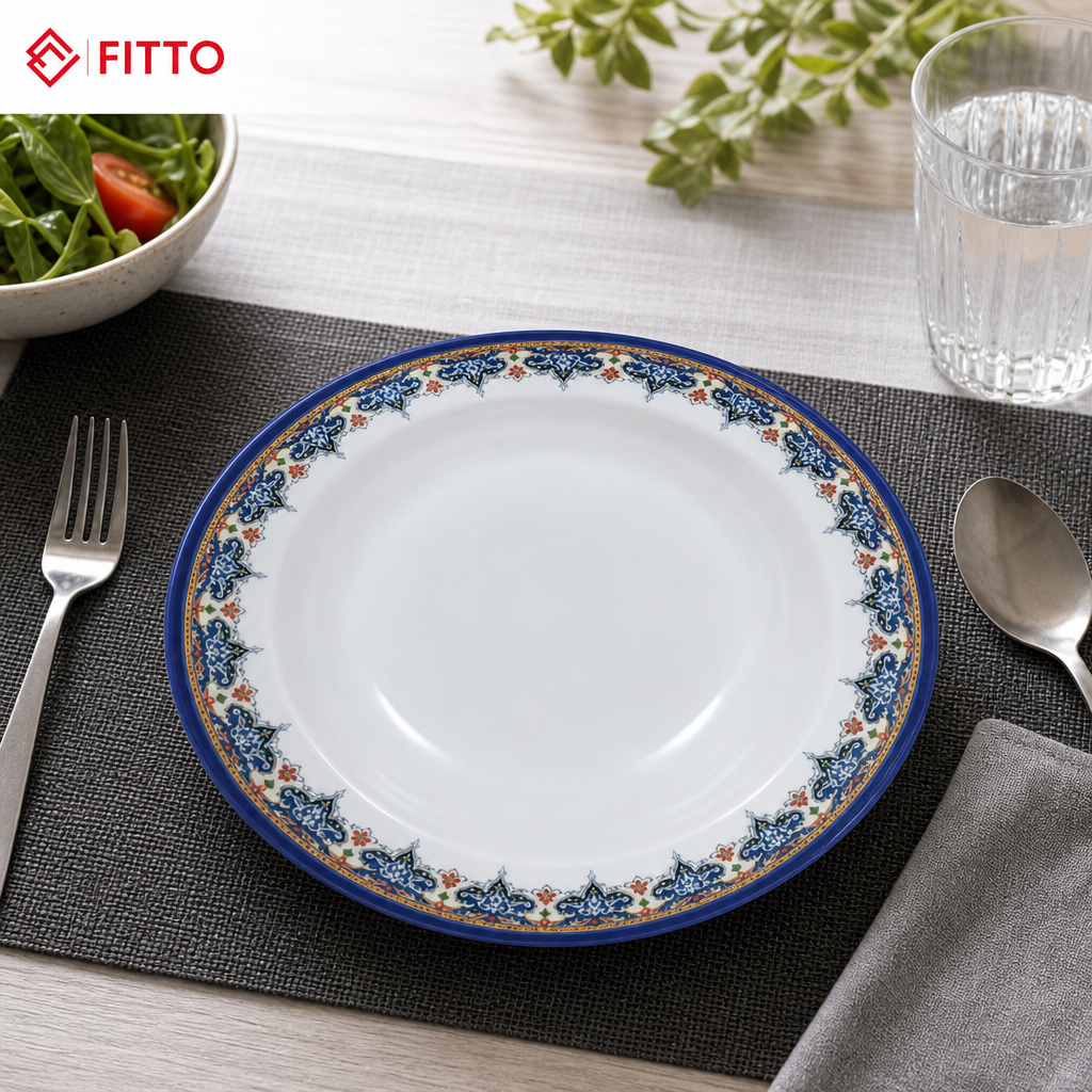 120 Pieces Melamine Soup Plate, 9 Inch, Round White Plate with Blue Floral Border