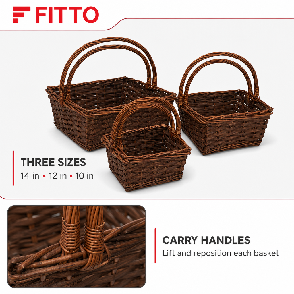 60 Pieces Rectangular Storage Basket Sets, Brown Rattan-Style Baskets with Carry Handles, 14 in, 12 in and 10 in, 3 Pieces
