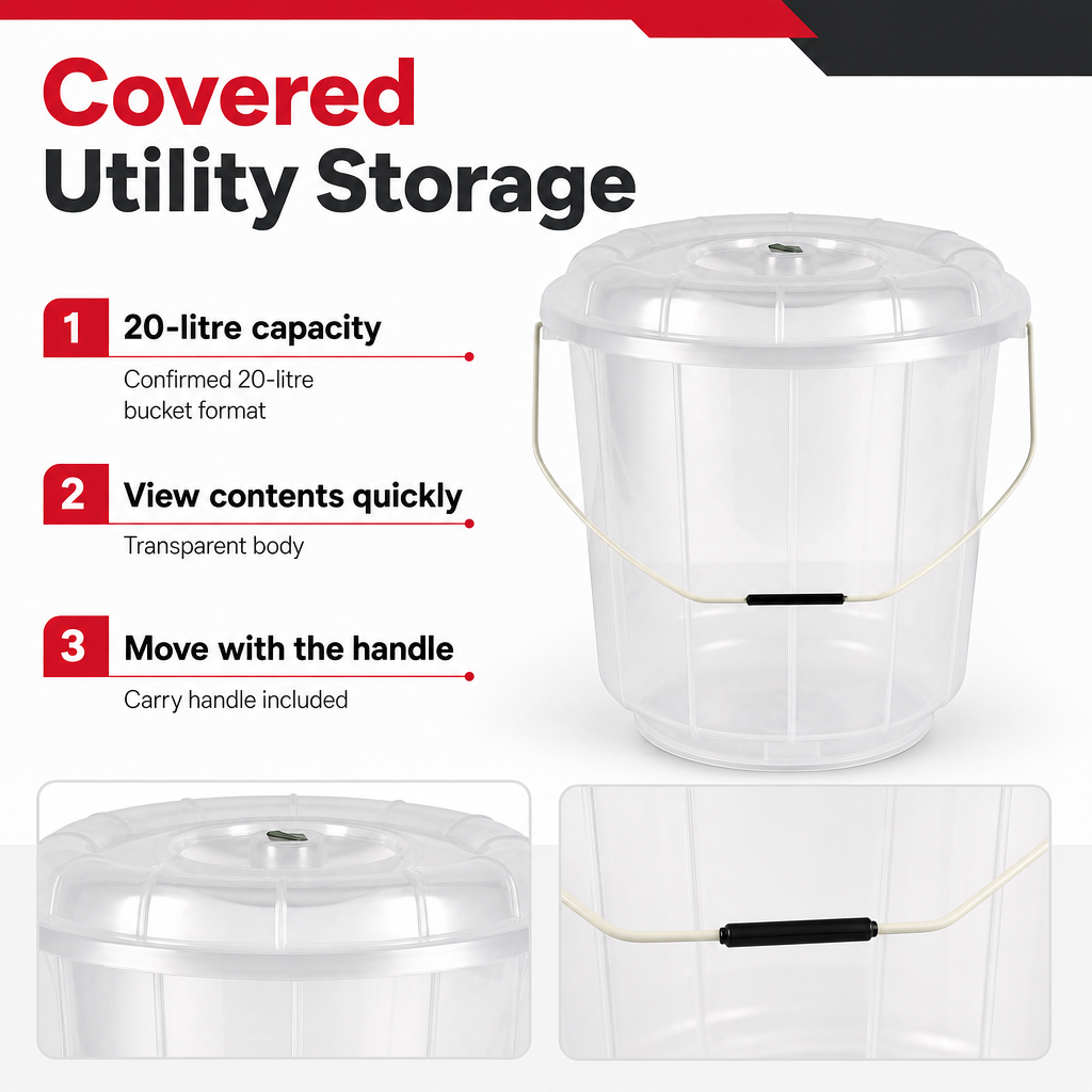 96 Pieces Transparent Plastic Bucket with Lid and Carry Handle, 20 Litre