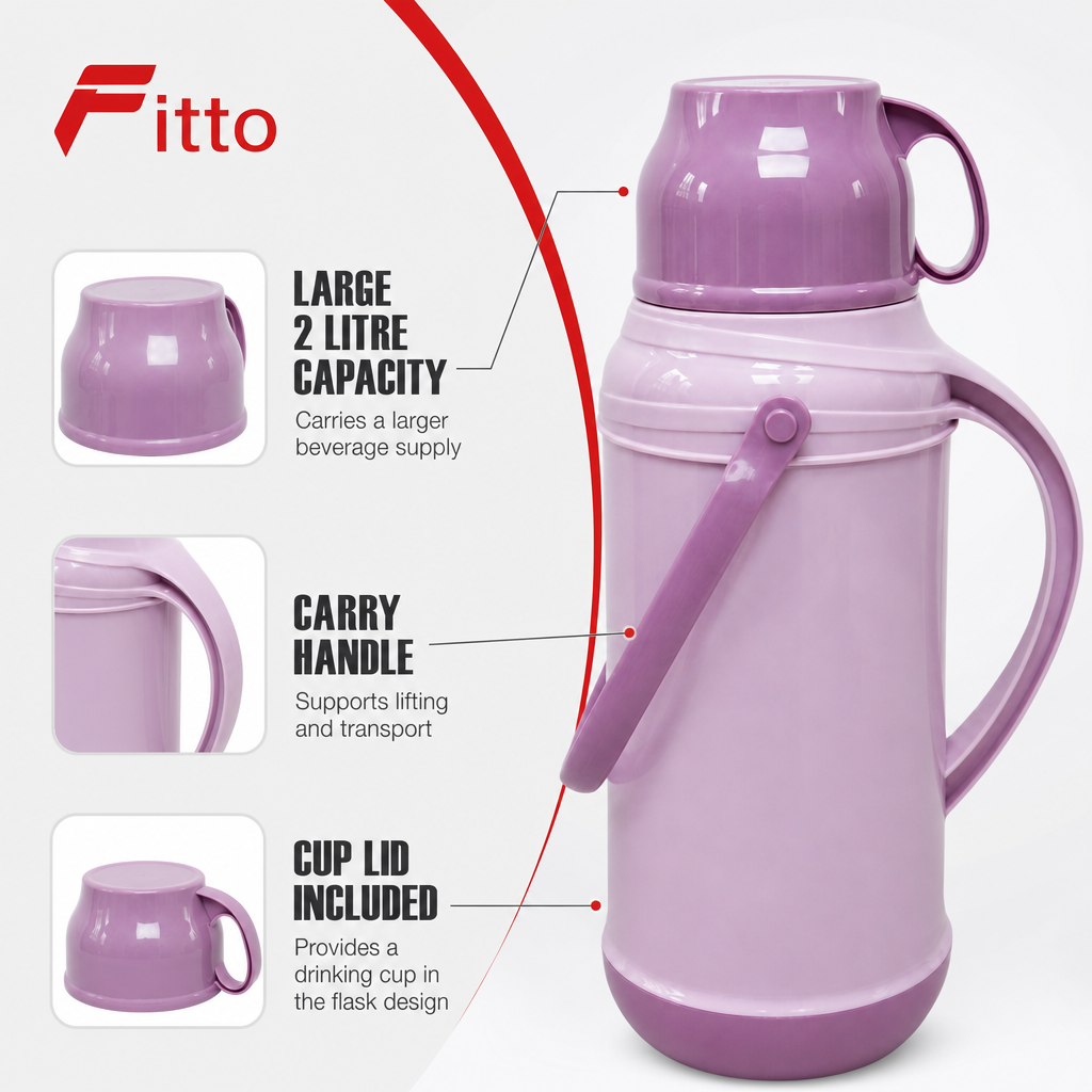 72 Pieces 2 Litre Insulated Vacuum Flask with Carry Handle and Cup Lid, Assorted Colour, 1 Piece