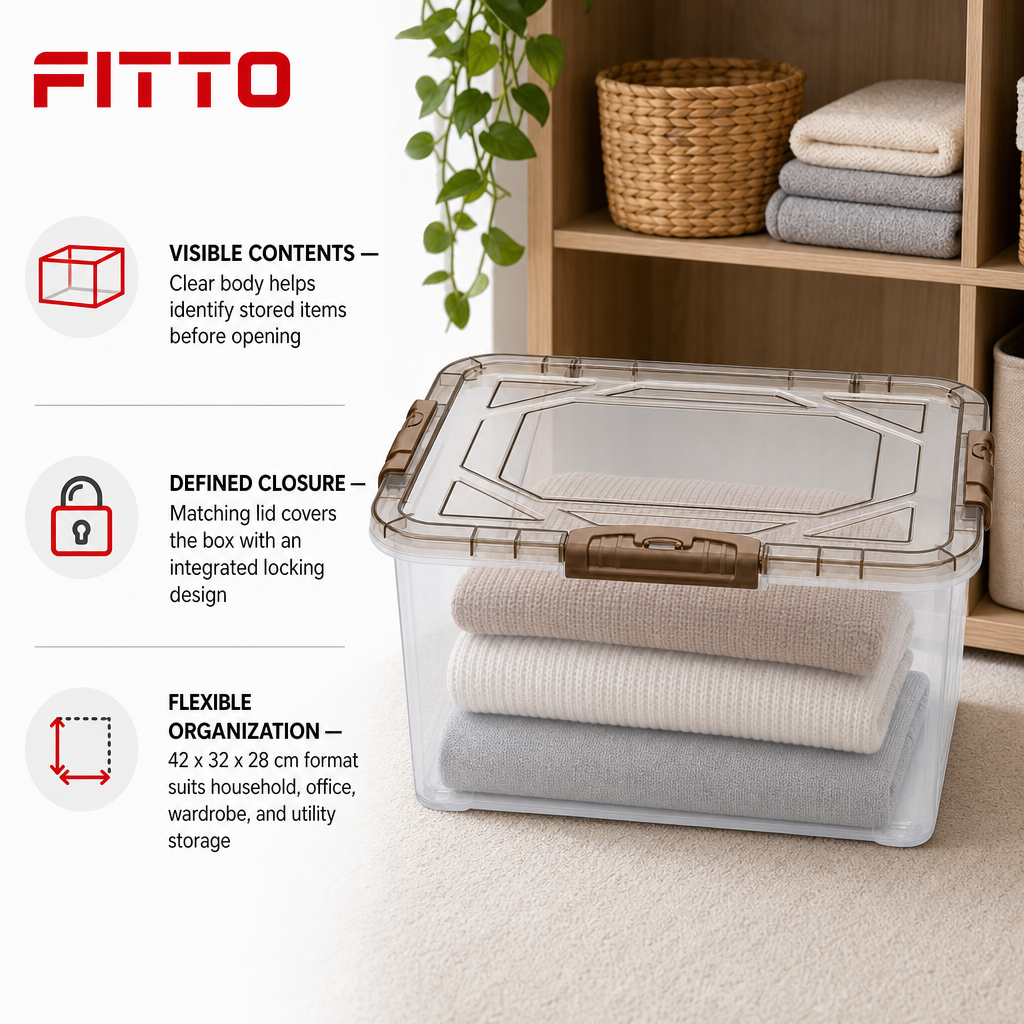 72 Pieces Clear Plastic Storage Box with Locking Lid, Brown Accents, 42 x 32 x 28 cm