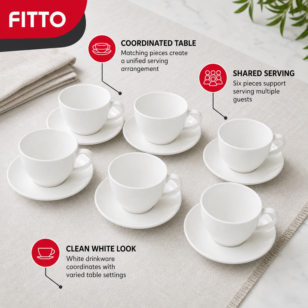 60 Pieces Ceramic Tea and Coffee Cups with Saucers, White, 6-Piece Set