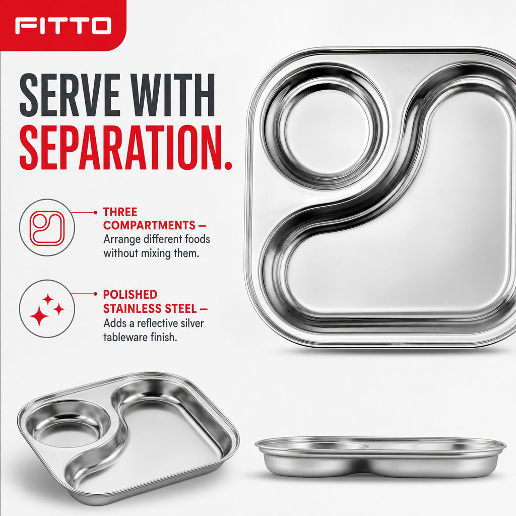 96 Pieces Stainless Steel Platter with 3 Compartments, 22 x 18 cm, Silver, 1 Piece