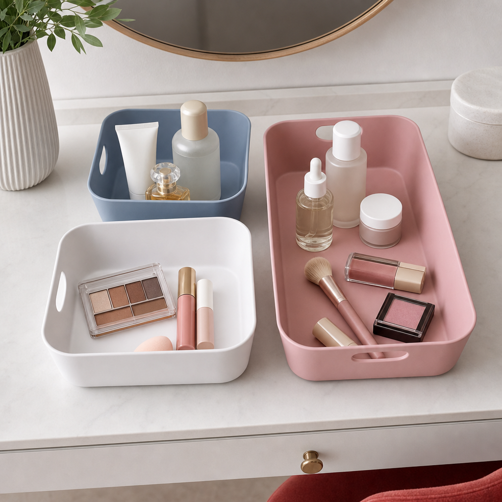 120 Pieces Cosmetic Organiser Tray Set, 3 Pieces, Mixed Colours, Makeup Storage Bins, 33 x 19 x 11 cm