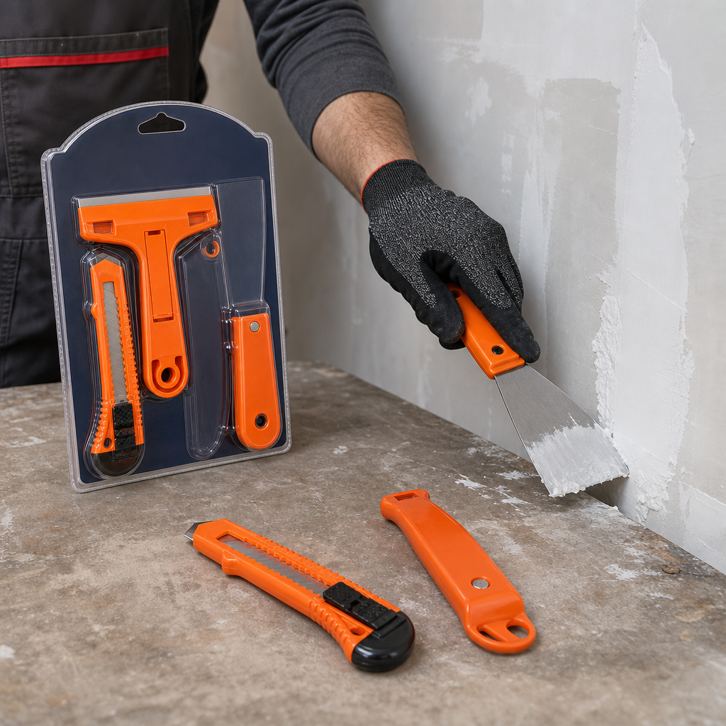 96 Pieces 4-Piece Hand Tool Set with Utility Scraper, Precision Utility Knife, Putty Knife and Folding Cutter, Orange