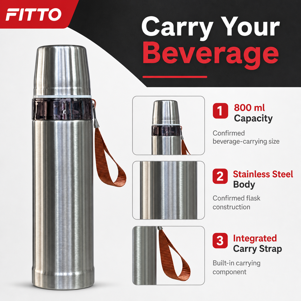 96 Pieces Stainless Steel Vacuum Flask with Carry Strap, 800 ml, 1 Piece