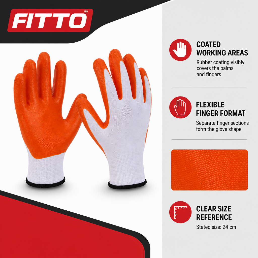 96 Pieces Rubber-Coated Work Gloveses, 24 cm, Orange and White, 1 Pair