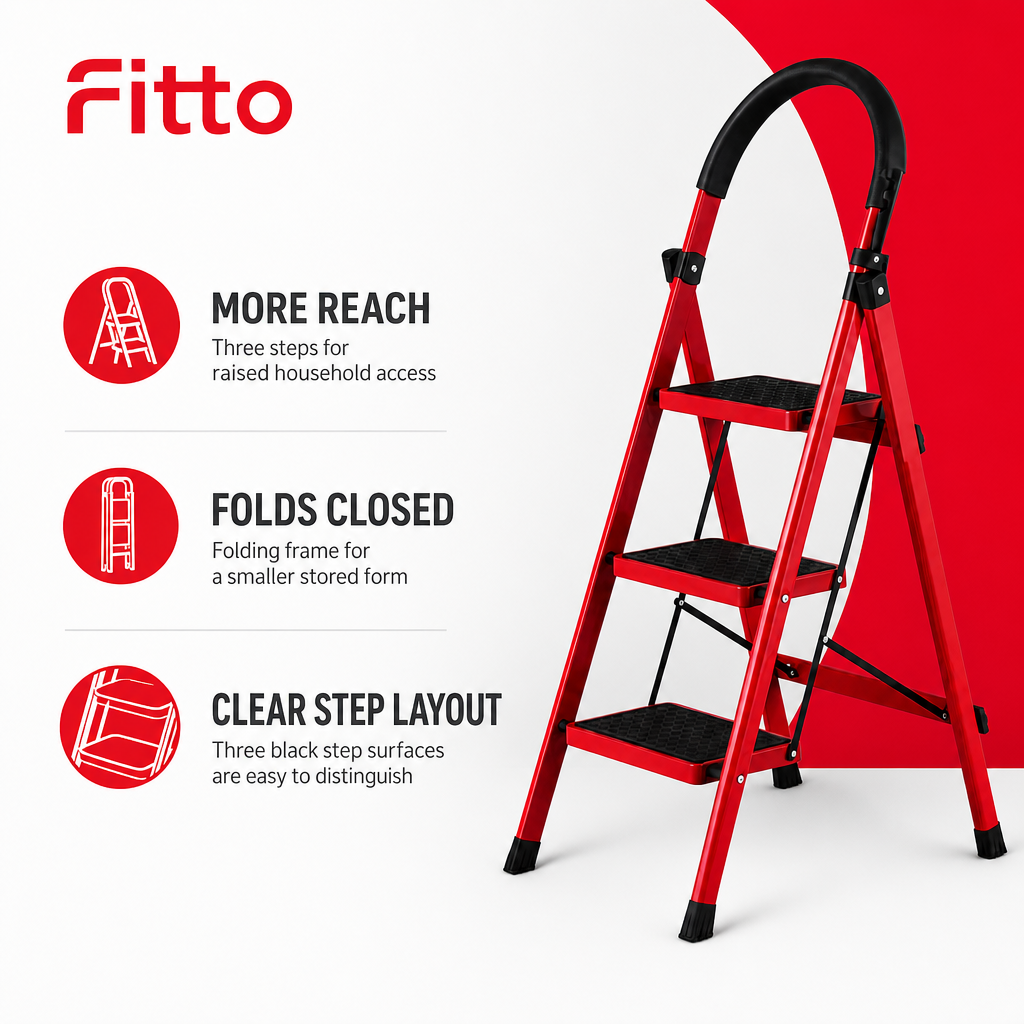 48 Pieces Red 3-Step Folding Metal Step Ladder, 110 x 42 cm, 1 Piece