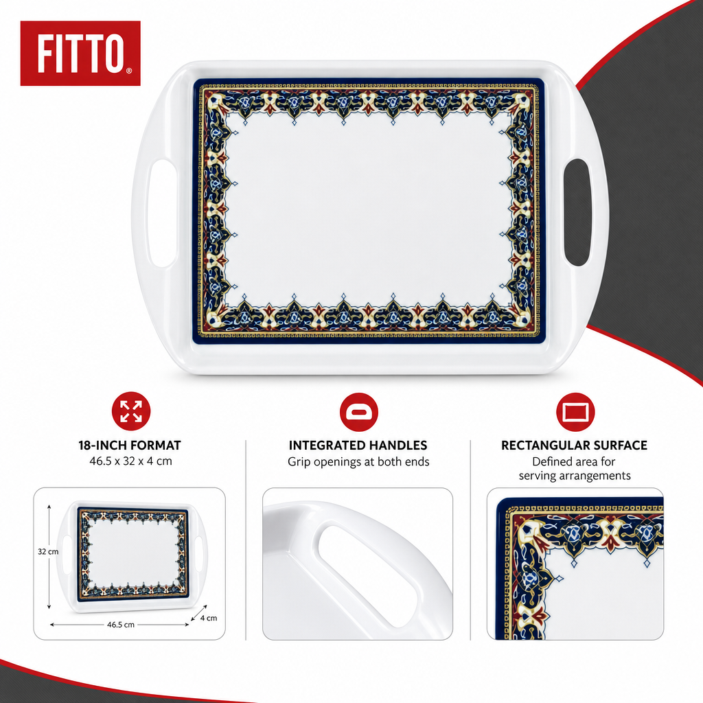 96 Pieces Melamine Rectangular Serving Trays with Handles, 18 Inch, Ornate Border Design