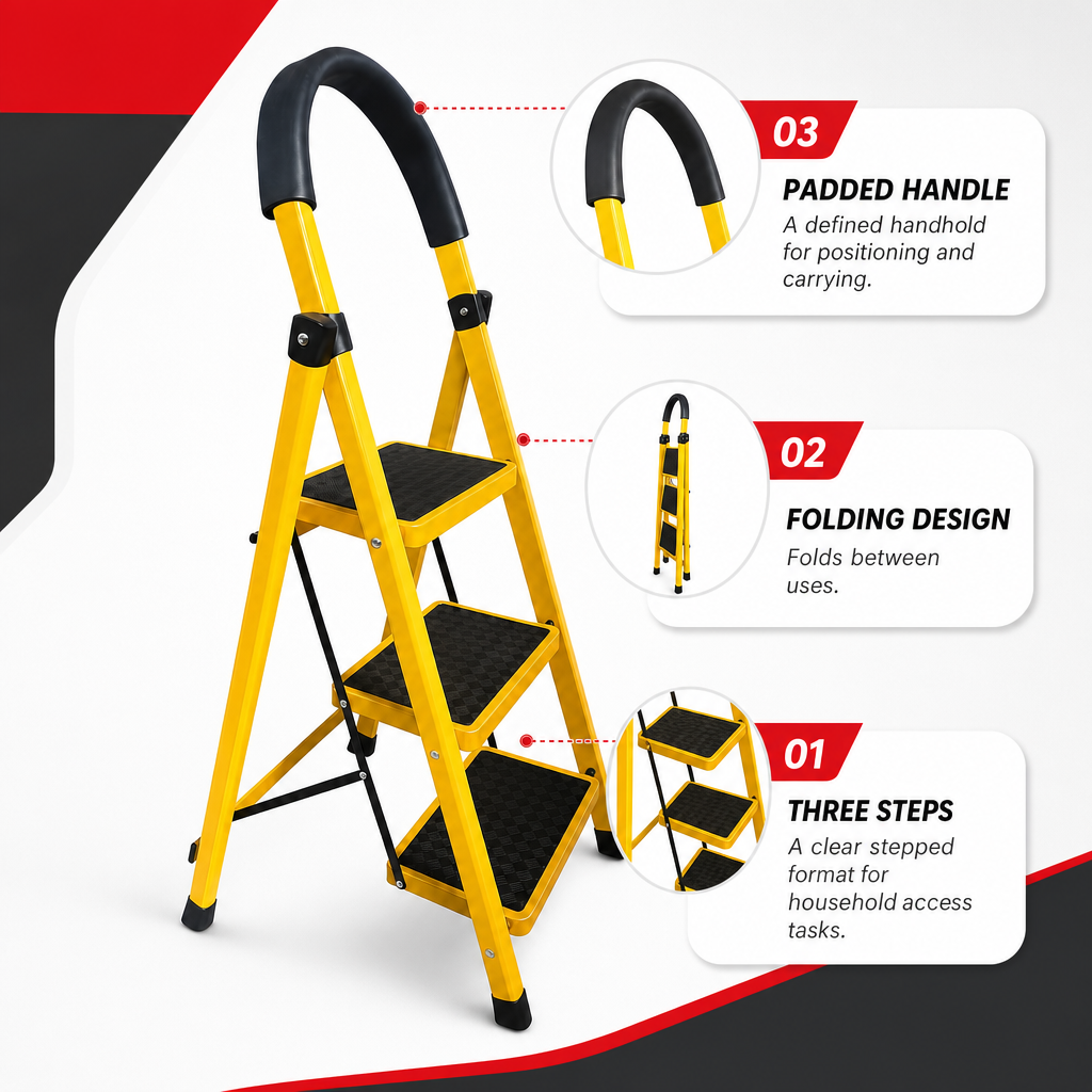 48 Pieces Folding Step Ladders, 3-Step Metal Household Ladder, Yellow, 110 x 42 cm, 1 Piece