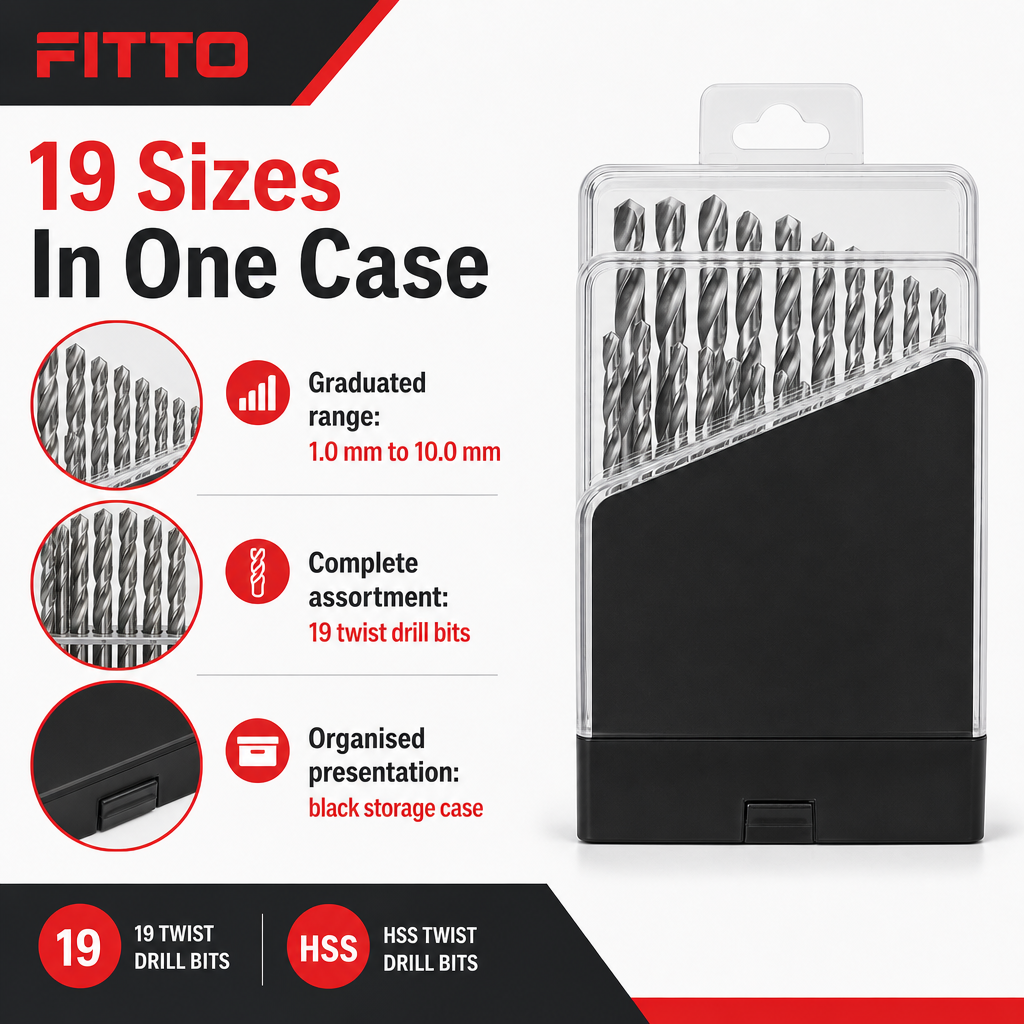 72 Pieces Twist Drill Bit Sets HSS, 1.0–10.0 mm, Silver and Black Case, 19 Pieces