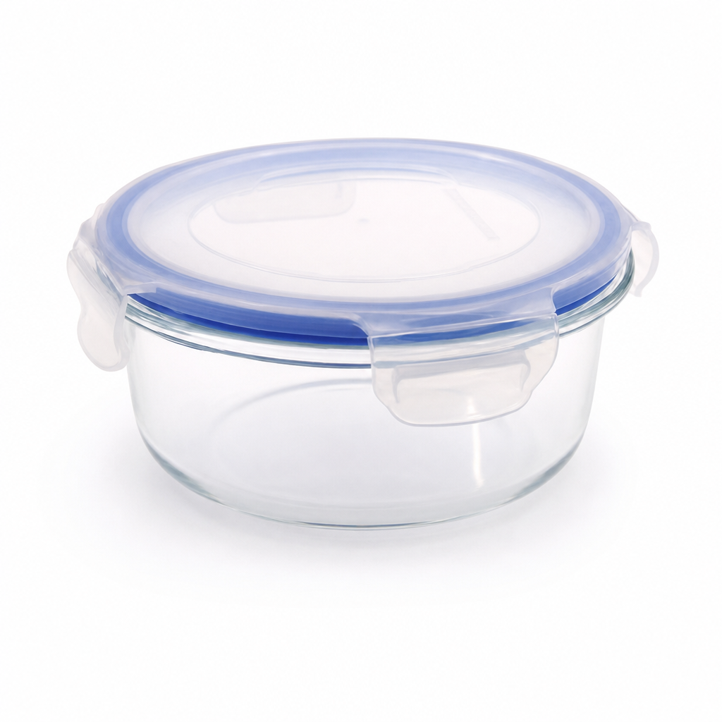 96 Pieces Round Glass Food Container with PP Locking Lid, 950 ml, Clear with Blue Lid