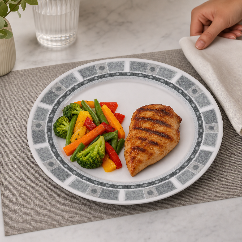 144 Pieces Dinner Plate, 7 Inch, Grey Geometric Border, Single Piece