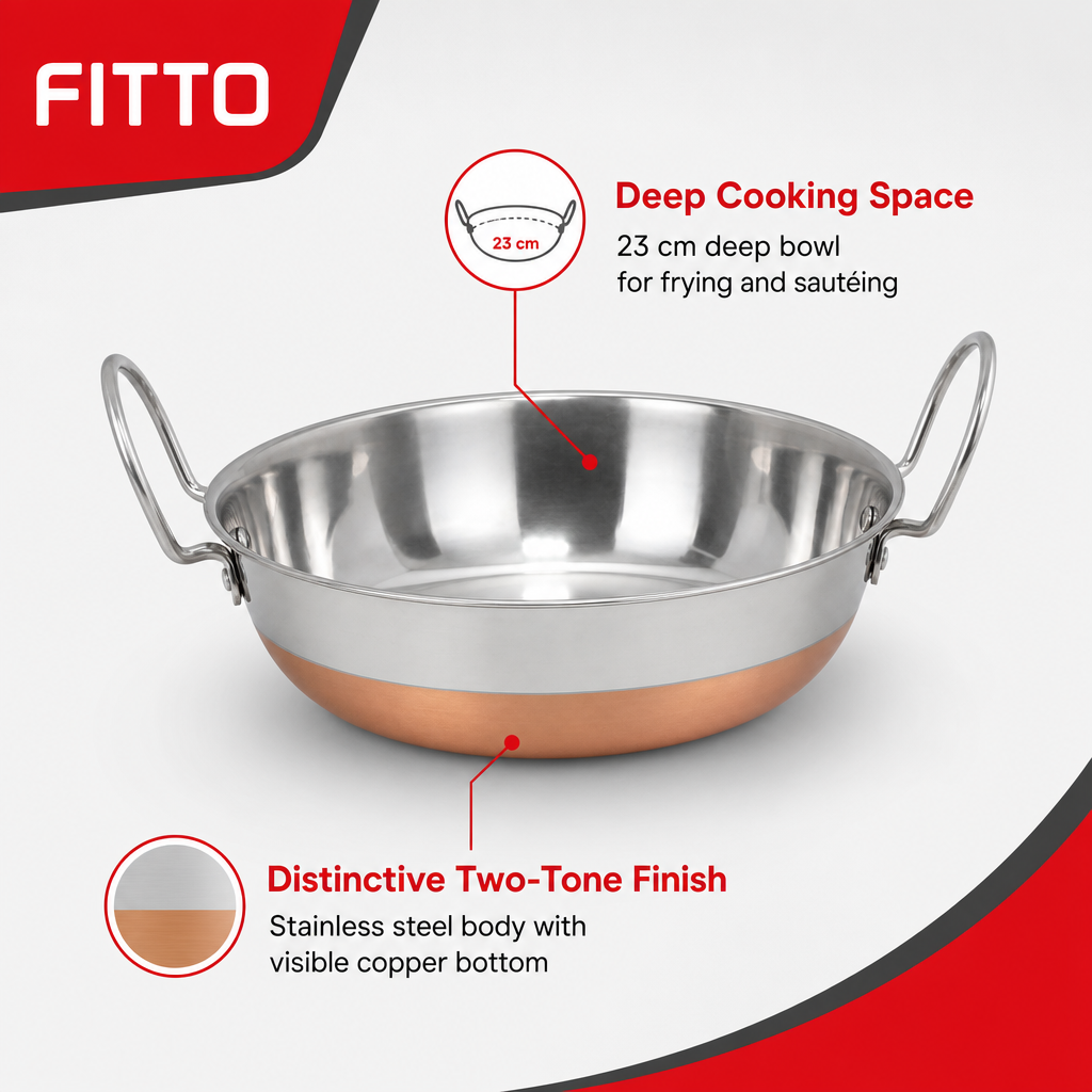 72 Pieces Stainless Steel Deep Frying Kadai with Copper Bottom, 23 cm
