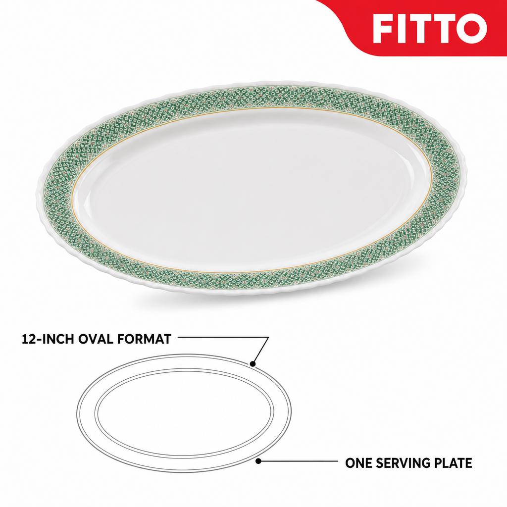 96 Pieces Melamine Wavy Oval Serving Plate, 12 Inch, White with Green and Yellow Pattern