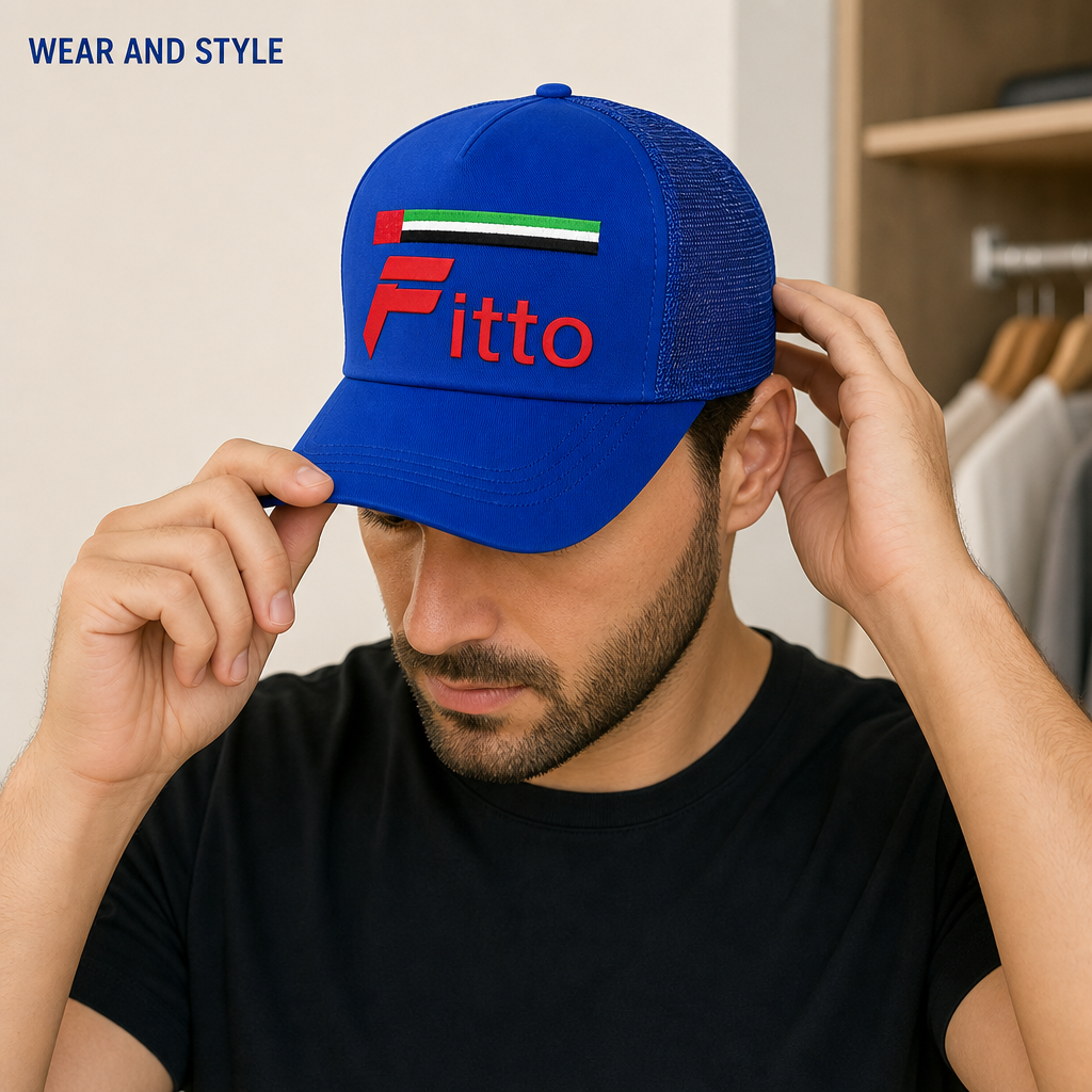120 Pieces Blue Trucker Cap with UAE Flag Design, Curved Visor and Mesh Back, 1 Piece