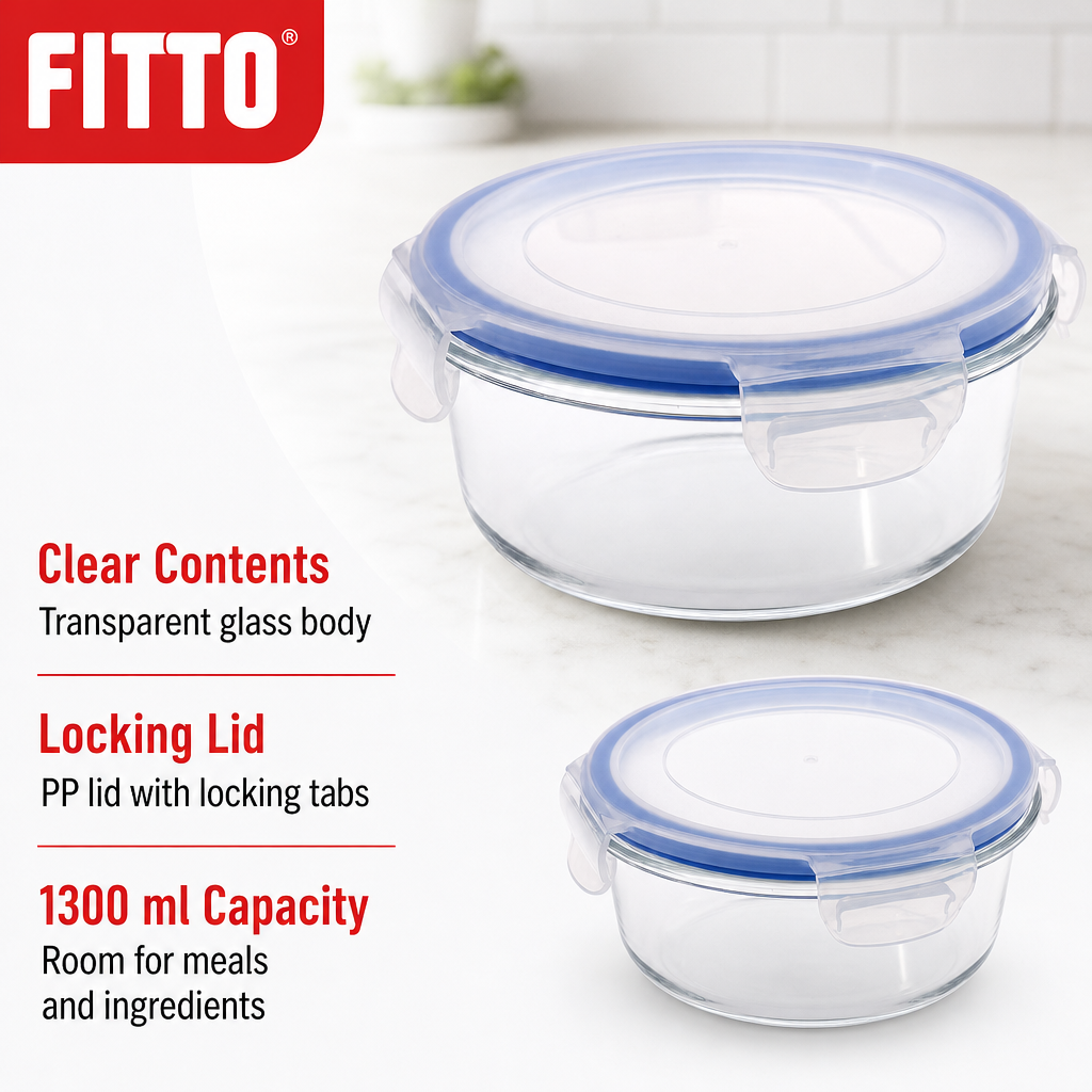 96 Pieces Round Glass Food Container with PP Locking Lid, 1300 ml