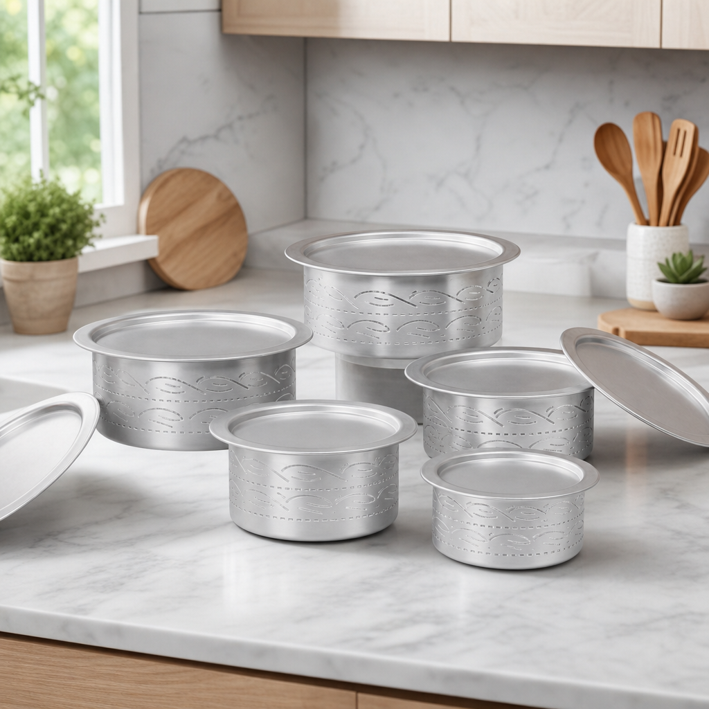 48 Pieces Silver Aluminium Round Cooking Pot Set with Lids, 6-Piece Set