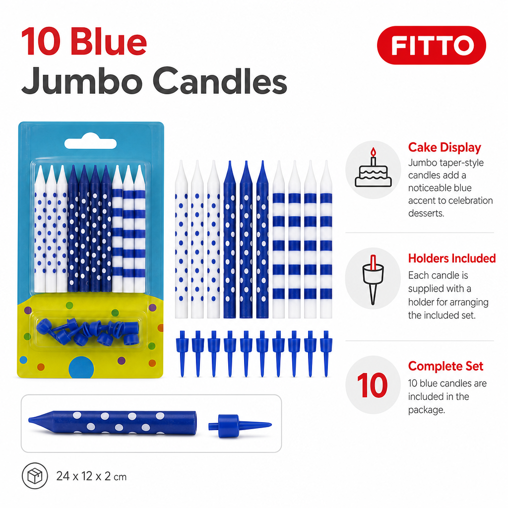 120 Pieces Blue Jumbo Birthday Candles with Holders, 10 Pieces