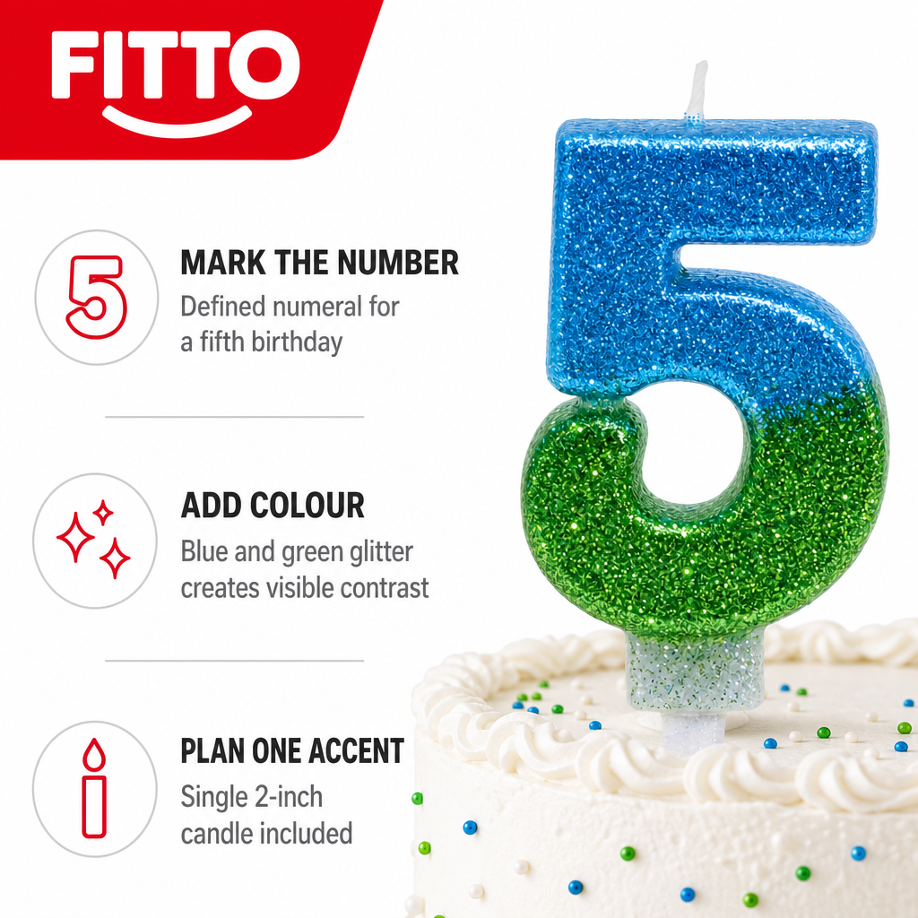 240 Pieces Blue and Green Number 5 Birthday Cake Candle, Glitter Celebration Decoration, 2 in, Single Piece