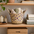 72 Pieces Handwoven Storage Baskets with Handles, Medium, Natural Tone with Purple and Mint Accents