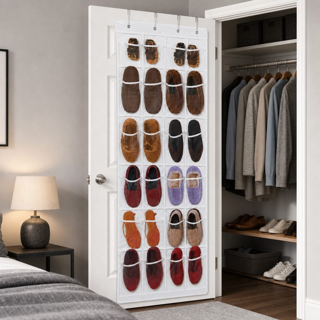 72 Pieces Over-the-Door Shoe Organizers, Clear and White, 70 x 19 Inch, 12-Pair Storage, 1 Piece