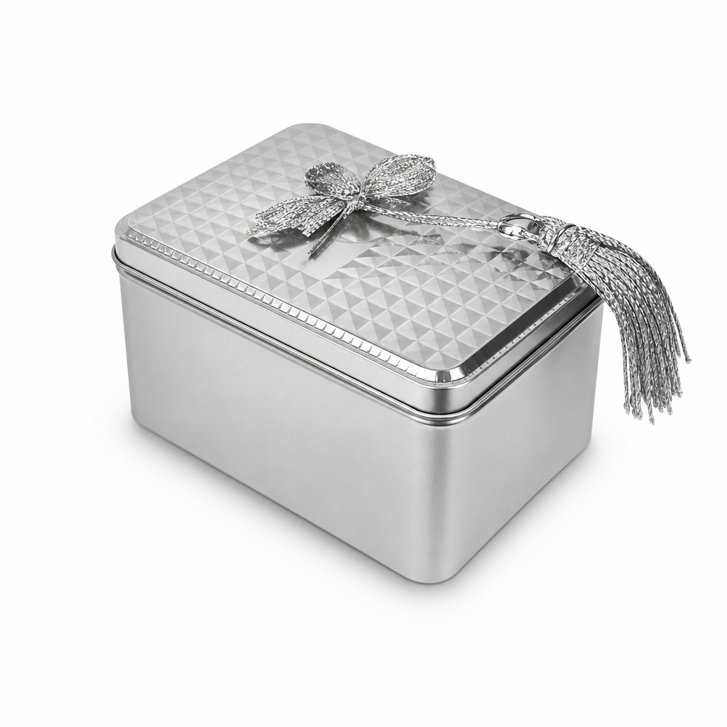 240 Pieces Silver Rectangular Tin Candy Box with Decorative Lid, 11.5 × 9 × 6 cm, 1 Piece
